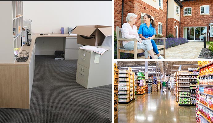 Collage of water damaged commercial property assisted living home and clean retail store