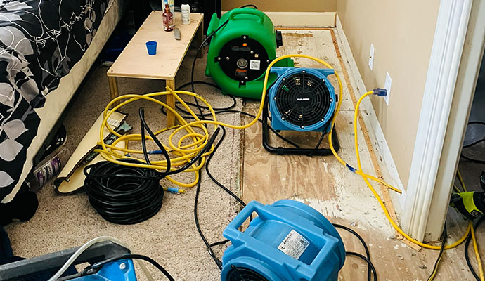 Drying fans and cables set up in a bedroom with the carpet partially removed for water damage restoration.