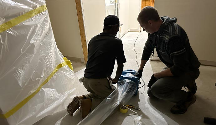 wo restoration technicians setting up a blue air mover and plastic sheeting for a water damage drying project