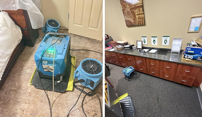 A split image showing professional water mitigation equipment including a Phoenix dehumidifier and blue air movers set up in both a residential bedroom and a commercial office space