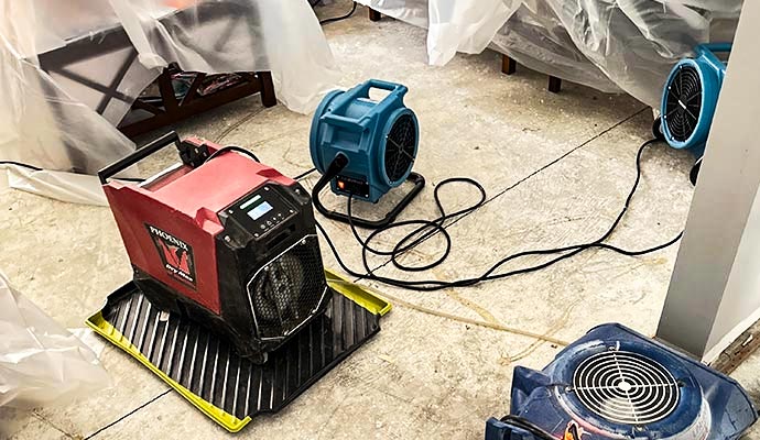 A professional red Phoenix dehumidifier and several blue
          industrial air movers set up on a floor for water damage restoration
          and drying