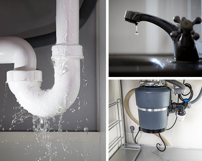 Leaking pipe, dripping faucet, and garbage disposal unit under the sink