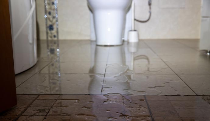 Wet bathroom floor with water puddles near toilet